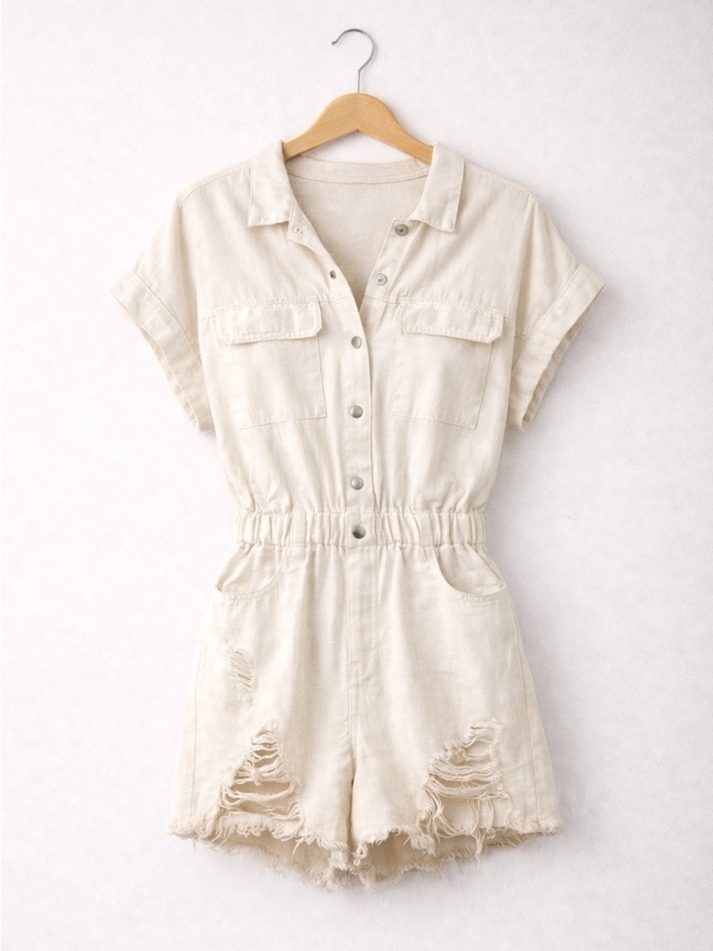 Pants Store Ivory Denim Romper Distressed Utility Shorts Romper Size L